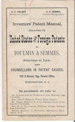 Item #10289 Inventors' Patent Manual Relating to United States and Foreign Patents : By Toulmin &...