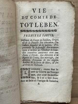 La vie du comte de Totleben : Ci-devant Colonel au service des Etats-Géneraux des Provinces-Unies & dernierement Lieutenant-Général des Armées de Sa Majesté l'Impératrice de toutes les Russies, contenant Ses avantures et ses campagnes, Traduit du Hollandais & corrigée ...