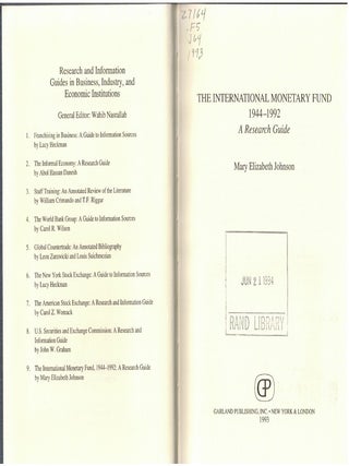 The International Monetary Fund 1944-1992 A Research Guide